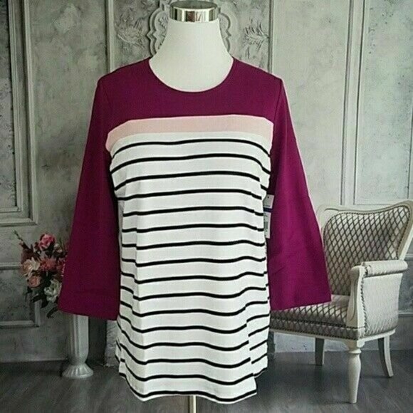 𝅺kim Rogers Pink White Striped Pullover Crew Neck 3/4 Sleeve Top Size XL NWT - Picture 4 of 9